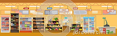 Supermarket interior with products. Big store Vector Illustration