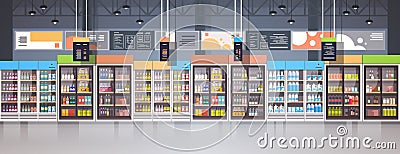 Supermarket Interior Retail Store With Assortment Of Grocery Food On Shelves Horizontal Banner Vector Illustration