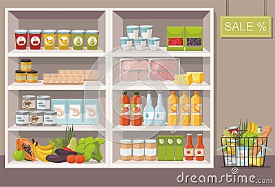 Supermarket interior with shelves full of various products. Full shopping cart. Vector Illustration