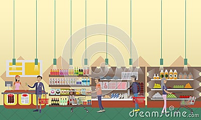 Supermarket interior vector illustration in flat style. Customers buy products in food store. Vector Illustration