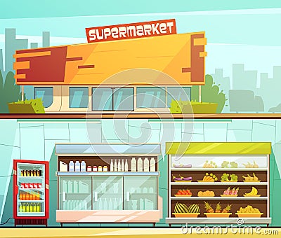 Supermarket 2 Retro Cartoon Banners Set Vector Illustration