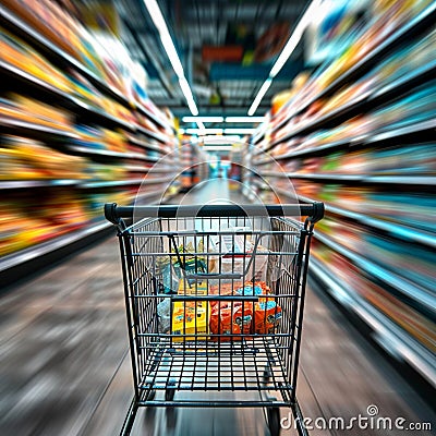 Supermarket rush Blurry shopping cart in the bustling department store scene Stock Photo