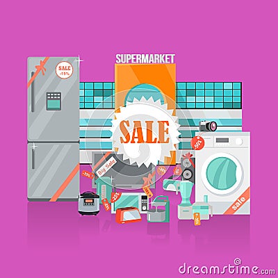 Supermarket Sale. Household Appliances Flat Style Vector Illustration