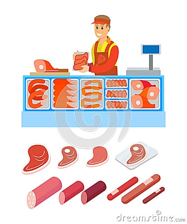 Supermarket Salesperson Butcher Department Vector Vector Illustration