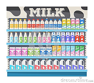 Supermarket shelf display with milk. Vector Illustration