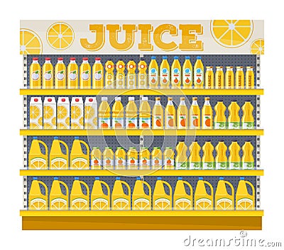 Supermarket shelf display with orange juice. Vector Illustration