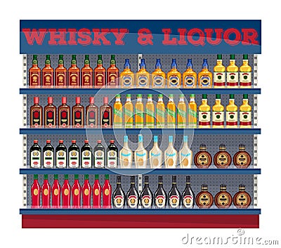 Supermarket shelf display with whisky and liquors. Vector Illustration