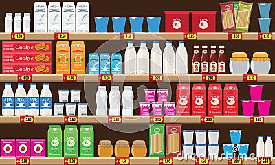 Supermarket, shelf with food and drinks package boxes. Price tag on racks. Illustration with flat and solid color design Vector Illustration