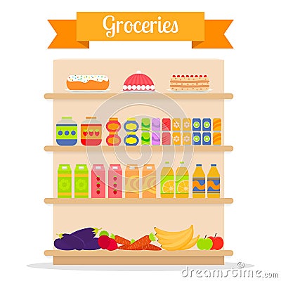 Supermarket shelf with groceries. Vector Illustration