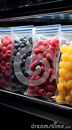 Supermarket shelf stocked with convenient plastic bags of frozen, flavorful berries Stock Photo