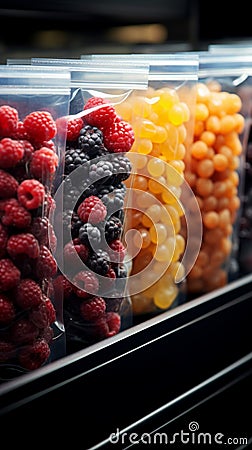 Supermarket shelf stocked with convenient plastic bags of frozen, flavorful berries Stock Photo
