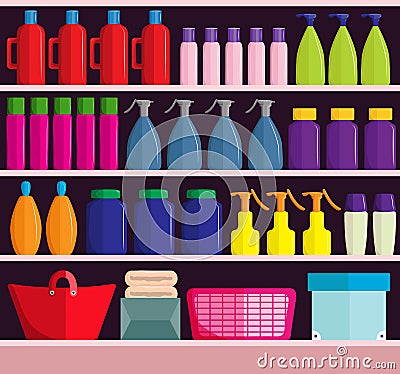 Supermarket shelves with assortment of products Vector Illustration