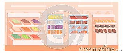 Supermarket shelves and displays with food. Grocery store interior Vector Illustration