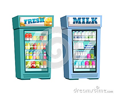 Supermarket shelves, fridge with fresh drinks and milk. Vector Illustration