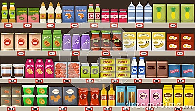 Supermarket, shelves with products and drinks Vector Illustration