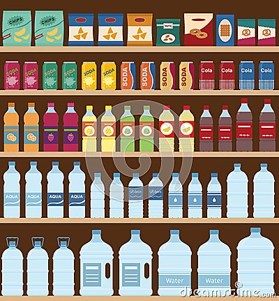 Supermarket shelves with snacks and drinks. Vector Illustration