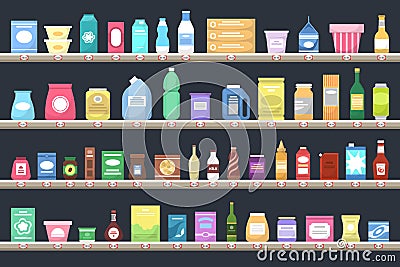 Supermarket shelves with various products. Groceries on shelves. Vector Illustration