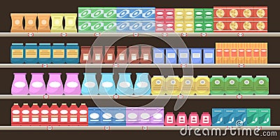 Supermarket shelves with various products. Groceries on shelves. Vector Illustration