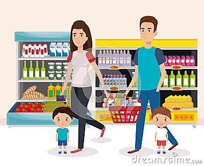 Supermarket shelvings with family buying Vector Illustration