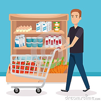 Supermarket shelvings with man buying Vector Illustration