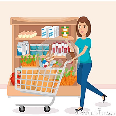 Supermarket shelvings with woman buying Vector Illustration