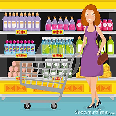 Supermarket shelvings with woman buying Vector Illustration