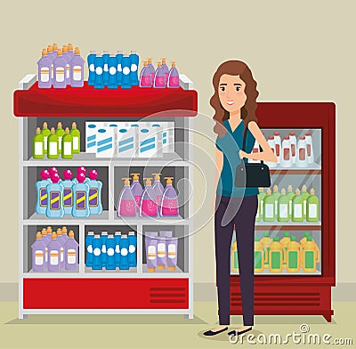 Supermarket shelvings with woman buying Vector Illustration