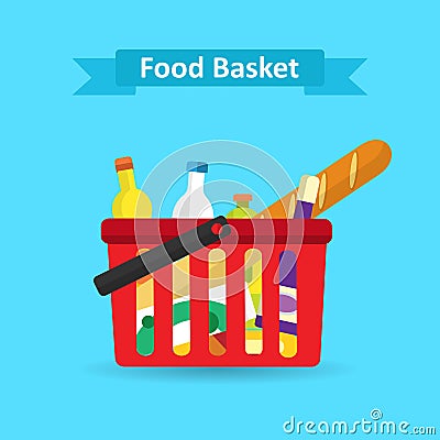 Supermarket shopping basket with fresh and natural food. Vector Illustration