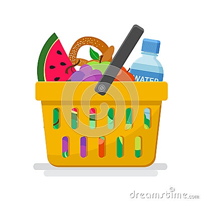 Supermarket. Shopping basket with groceries. Vector Cartoon Illustration