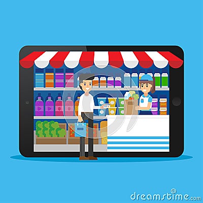 Supermarket shopping online on mobile computer Vector Illustration