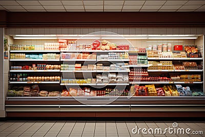 Supermarket shopping. Products on store shelfs, front view Stock Photo