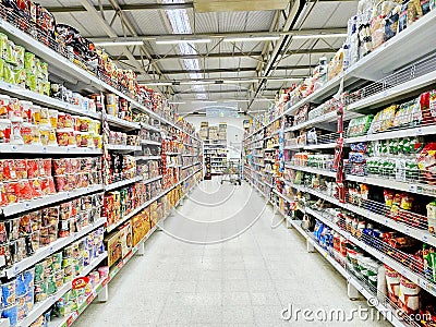 Supermarket store aisle interior, Shelf in supermarket, Market shelves. Editorial Stock Photo