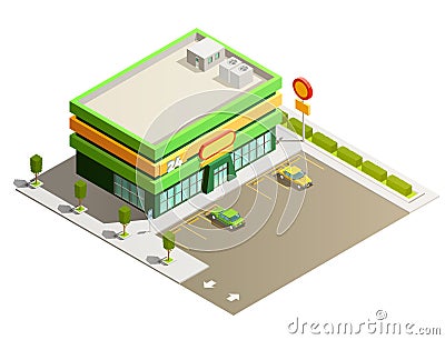 Supermarket Store Building Isometric Exterior View Vector Illustration