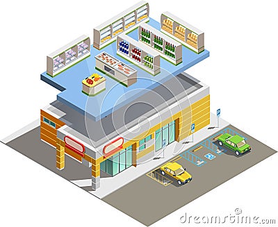 Supermarket Store Building Isometric Exterior View Vector Illustration