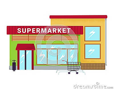 Supermarket store in city place, district mini market, shopping cart trolley standing grocery flat vector illustration Cartoon Illustration
