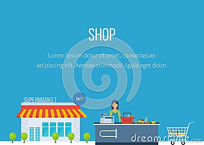 Supermarket store concept with food assortment Vector Illustration