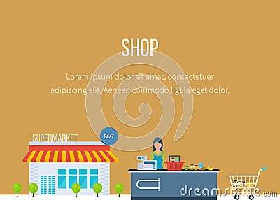 Supermarket store concept with food assortment Vector Illustration