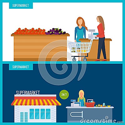 Supermarket store concept with food assortment. Shop grocery Vector Illustration