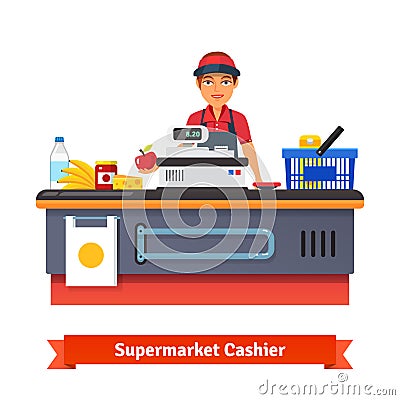 Supermarket store counter desk equipment and clerk Vector Illustration