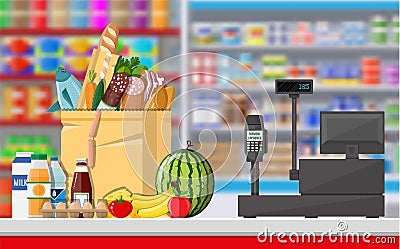 Supermarket store interior with goods. Vector Illustration