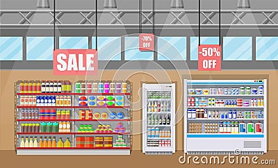 Supermarket store interior with goods. Vector Illustration