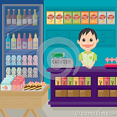 Supermarket store with several products for sell. Vector Illustration