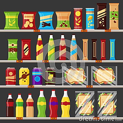 Supermarket, store shelves with groceries products. Fast food snack and drinks with price tags on the racks - flat Vector Illustration