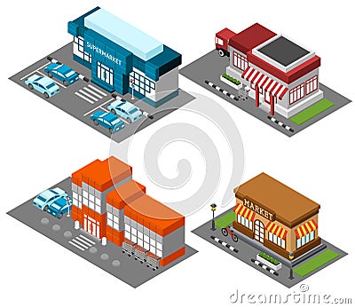 Supermarket stores buildings isometric icons set Vector Illustration
