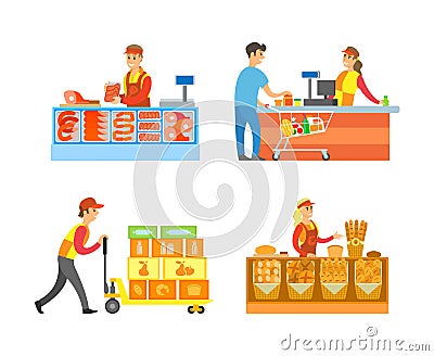 Supermarket Stores Departments and Sellers Vector Vector Illustration