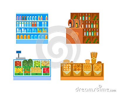 Supermarket Stores, Empty Shop Departments Vector Vector Illustration