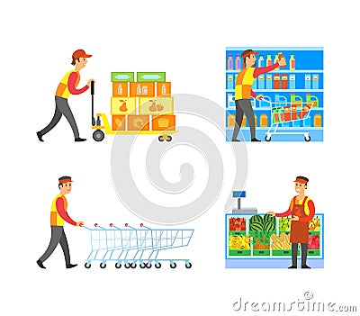 Supermarket Stores Male Workers at Work Vector Vector Illustration