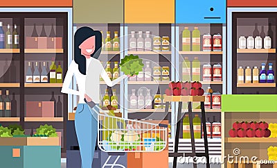 Supermarket woman customer with shopping trolley cart buying vegetables grocery market interior flat horizontal Vector Illustration