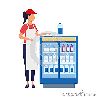 Supermarket woman worker next to beverages fridge Vector Illustration