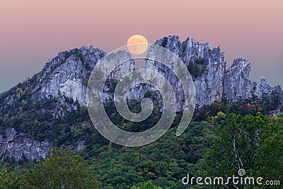 Supermoon over Seneca Rocks in West Virginia Stock Photo